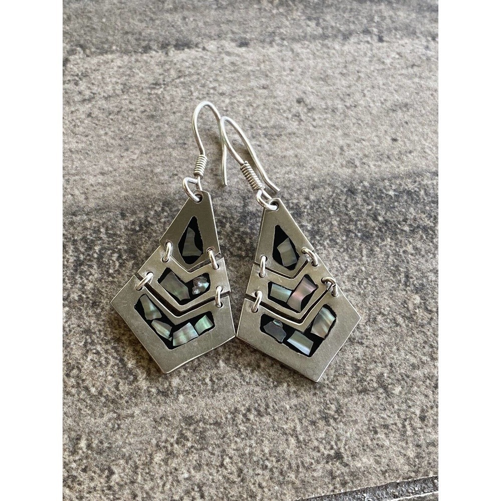 925 Mexico abalone inlay chain link earrings Sterling Silver Vintage 9.56g VTG